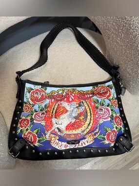 New Ed Hardy Black Multicolor 'Dead or Alive' Studded Crossbody Bag